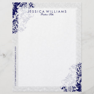 Elegant White & Navy Blue Floral Lace Letterhead