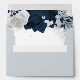 elegant white & navy flowers soft blue wedding envelope