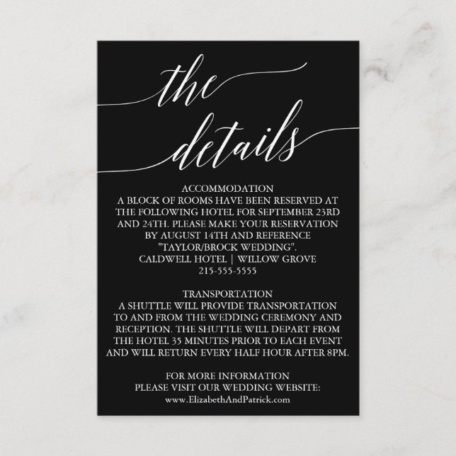 Elegant White on Black Calligraphy Details Card (Front)