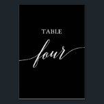 Elegant White on Black Calligraphy Table Four Table Number<br><div class="desc">This elegant white on black calligraphy table four table number is perfect for a simple wedding. The neutral design features a minimalist card decorated with romantic and whimsical typography. The card prints on the front and back (double-sided). Other table numbers in the collection are sold separately.</div>