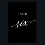 Elegant White on Black Calligraphy Table Six Table Number<br><div class="desc">This elegant white on black calligraphy table six table number is perfect for a simple wedding. The neutral design features a minimalist card decorated with romantic and whimsical typography. The card prints on the front and back (double-sided). Other table numbers in the collection are sold separately.</div>