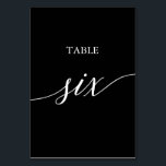 Elegant White on Black Calligraphy Table Six Table Number<br><div class="desc">This elegant white on black calligraphy table six table number is perfect for a simple wedding. The neutral design features a minimalist card decorated with romantic and whimsical typography. The card prints on the front and back (double-sided). Other table numbers in the collection are sold separately.</div>