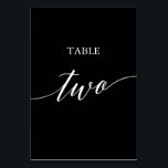 Elegant White on Black Calligraphy Table Two Table Number<br><div class="desc">This elegant white on black calligraphy table two table number is perfect for a simple wedding. The neutral design features a minimalist card decorated with romantic and whimsical typography. The card prints on the front and back (double-sided). Other table numbers in the collection are sold separately.</div>