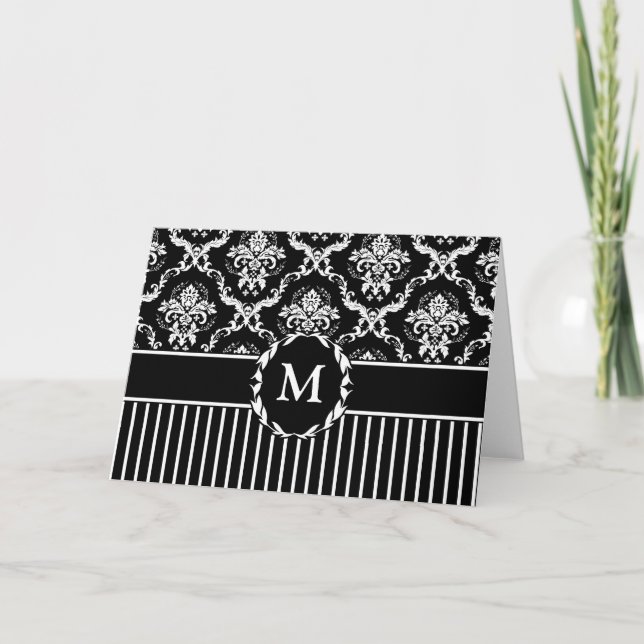 Elegant White on Black Damask Card (Front)