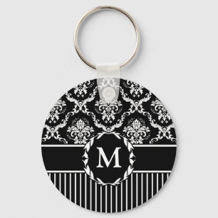Elegant White on Black Damask Keychain