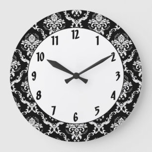 Elegant White on Black Damask Large Clock