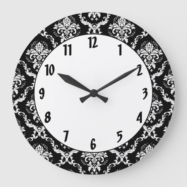 Elegant White on Black Damask Large Clock (Front)