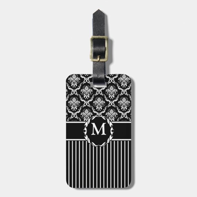 Elegant White on Black Damask Luggage Tag (Front Vertical)
