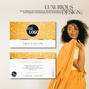 Elegant White Orange Glitter Spark Stars add Logo Business Card