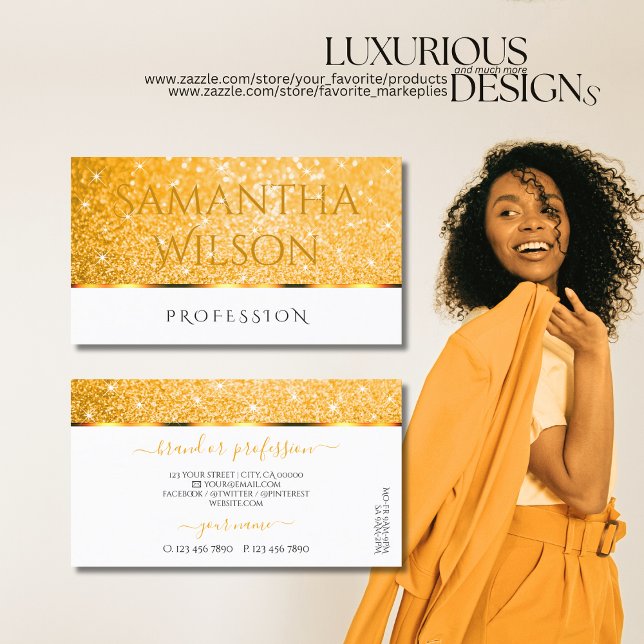 Elegant White Orange Glitter Spark Stars Fancy Business Card (Creator Uploaded)