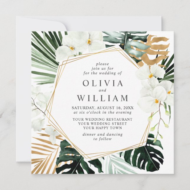Elegant White Orchid Bohemian Greenery Wedding Invitation (Front)