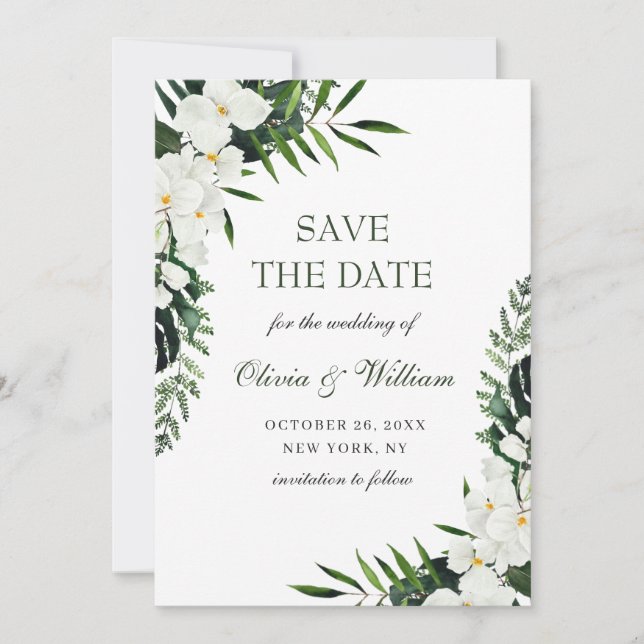 Elegant White Orchid Bohemian Greenery Wedding Save The Date (Front)