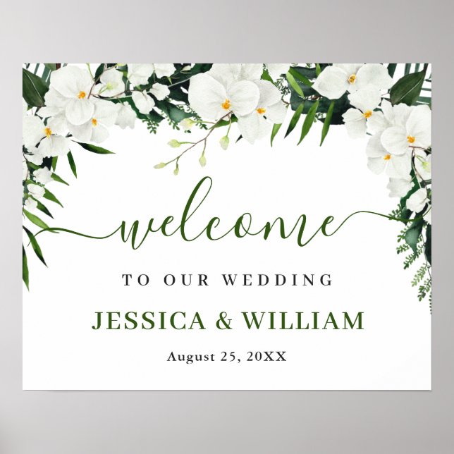 Elegant White Orchid Bohemian Wedding Welcome Sign (Front)
