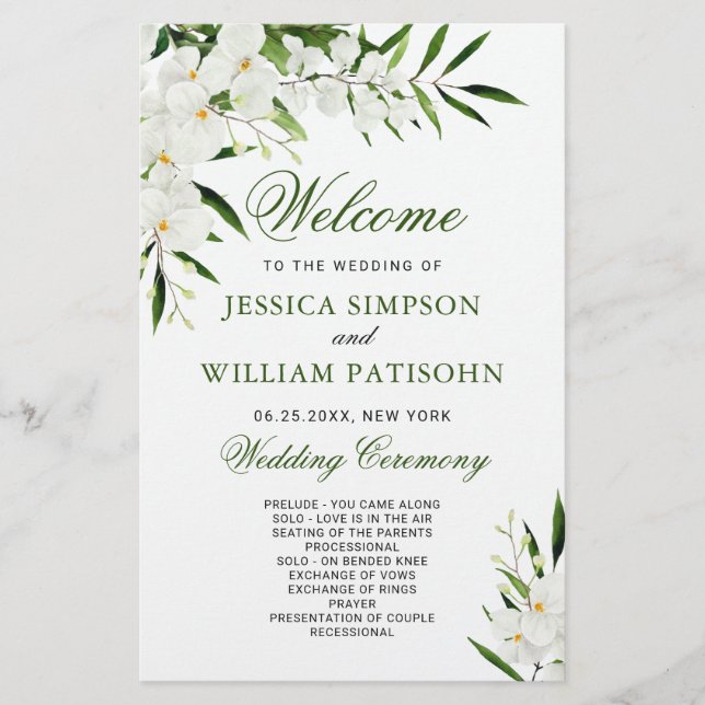 Elegant White Orchid Boho Wedding Ceremony Program (Front)