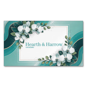 Elegant White Orchid Floral Teal Gold Accent Magnetic Business Card
