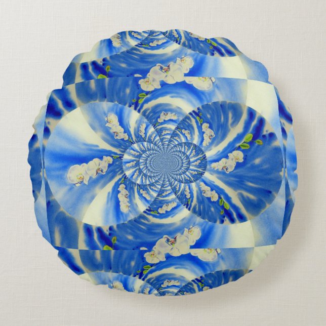 Elegant white orchid watercolor painting round pillow (Front)