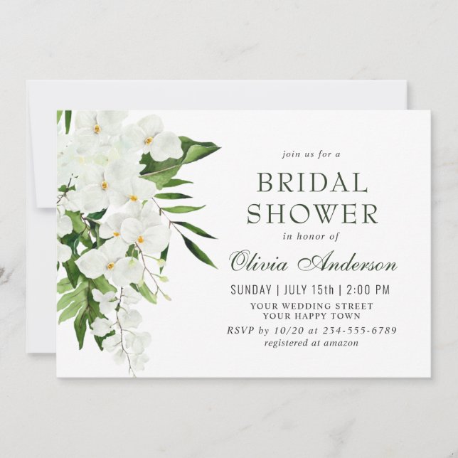 Elegant White Orchids Bohemian BRIDAL SHOWER Invitation (Front)