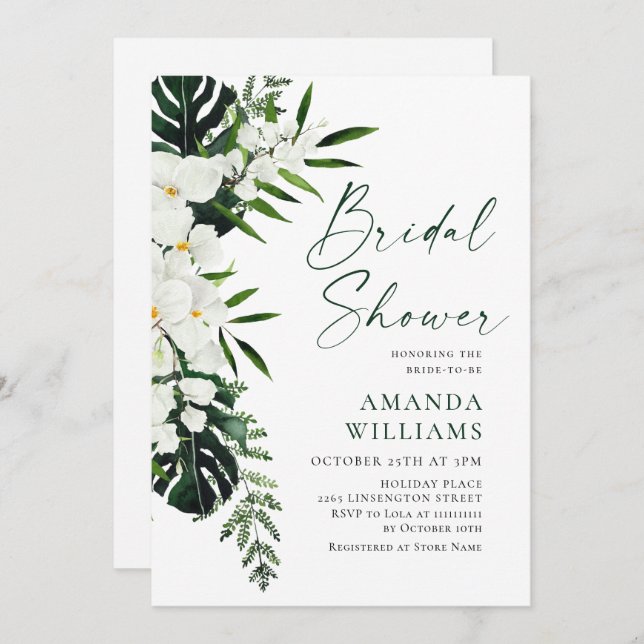 Elegant White Orchids Bohemian Bridal Shower Invitation (Front/Back)