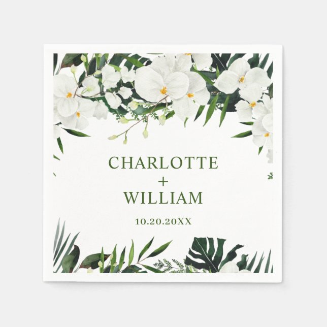 Elegant White Orchids Bohemian Floral Wedding Napkin (Front)