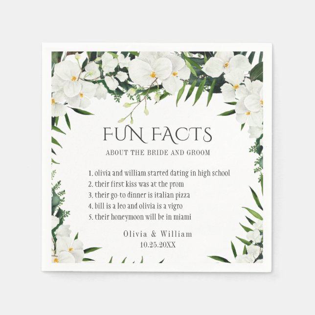 Elegant White Orchids Bohemian Fun Facts Wedding Napkin (Front)
