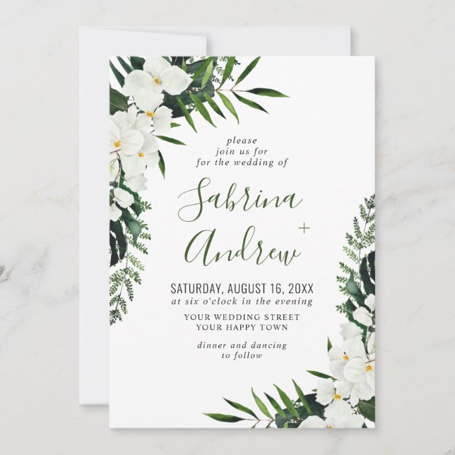 Elegant White Orchids Bohemian Greenery Wedding Invitation (Front)
