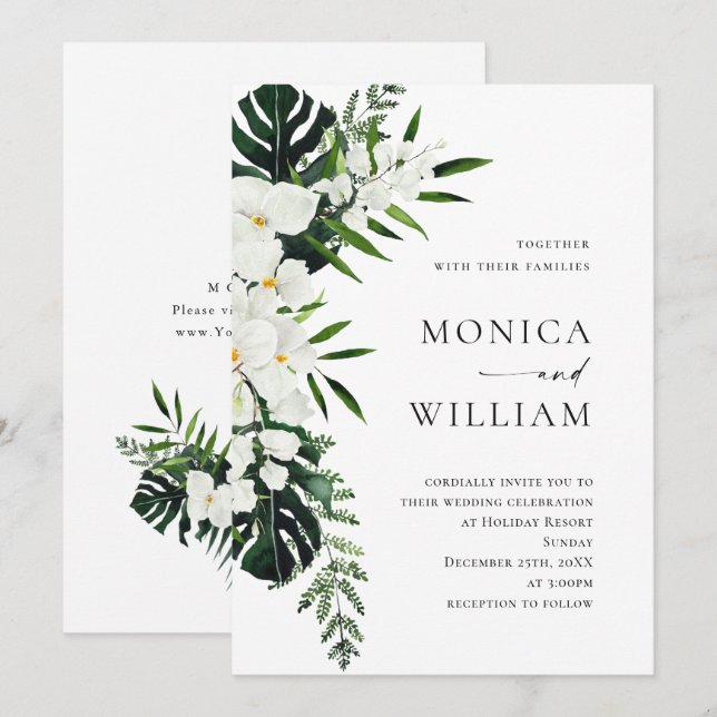 Elegant White Orchids Bohemian Greenery Wedding Invitation (Front/Back)