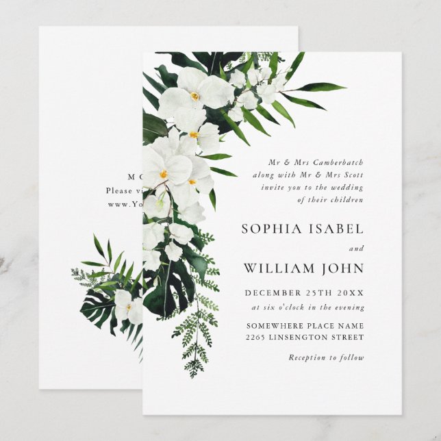 Elegant White Orchids Bohemian Greenery Wedding Invitation (Front/Back)