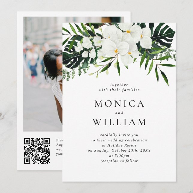 Elegant White Orchids Bohemian Greenery Wedding Invitation (Front/Back)