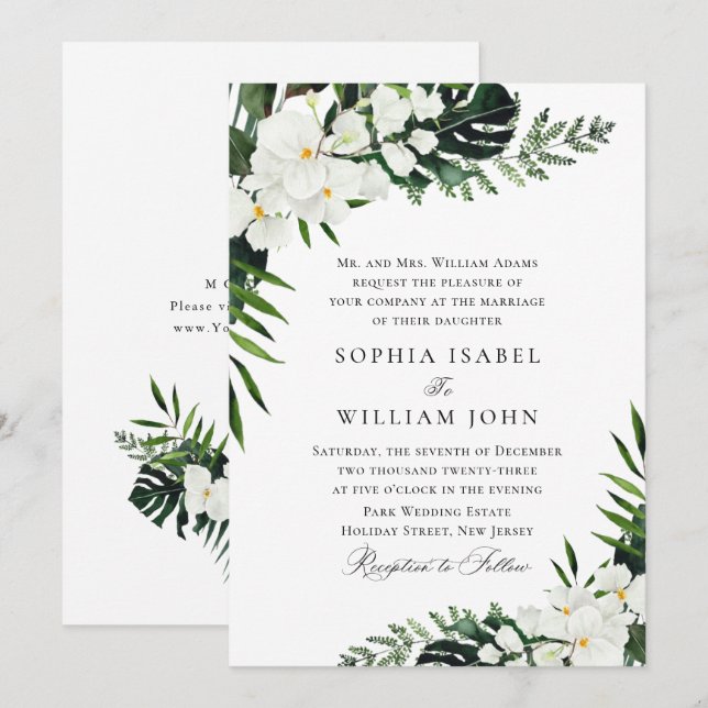 Elegant White Orchids Bohemian Greenery Wedding Invitation (Front/Back)