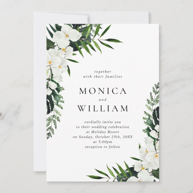 Elegant White Orchids Bohemian Greenery Wedding Invitation (Front)