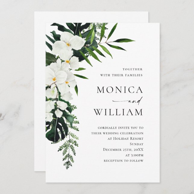 Elegant White Orchids Bohemian Greenery Wedding Invitation (Front/Back)