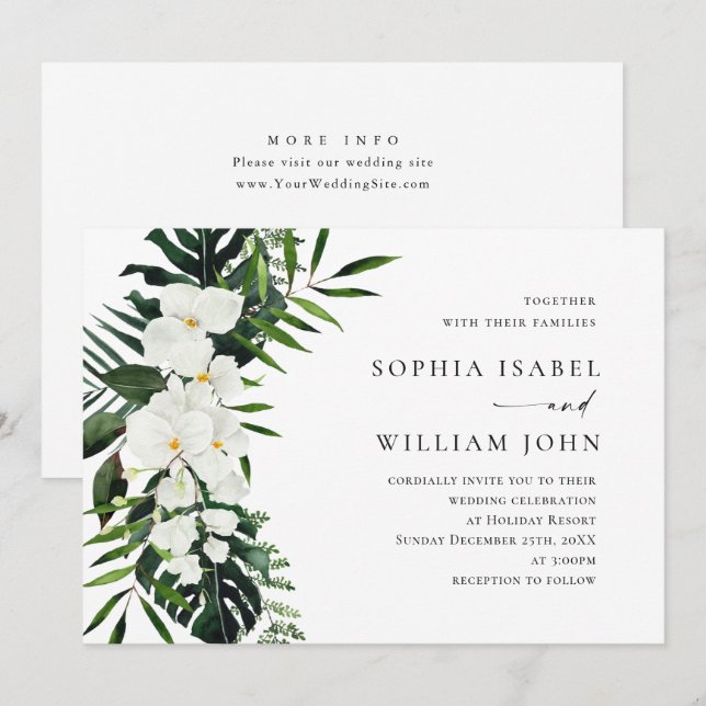 Elegant White Orchids Bohemian Greenery Wedding Invitation (Front/Back)