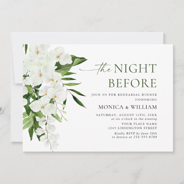 Elegant White Orchids Bohemian REHEARSAL DINNER Invitation (Front)