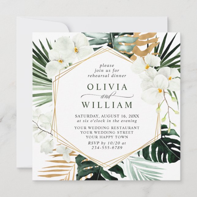 Elegant White Orchids Bohemian REHEARSAL DINNER Invitation (Front)