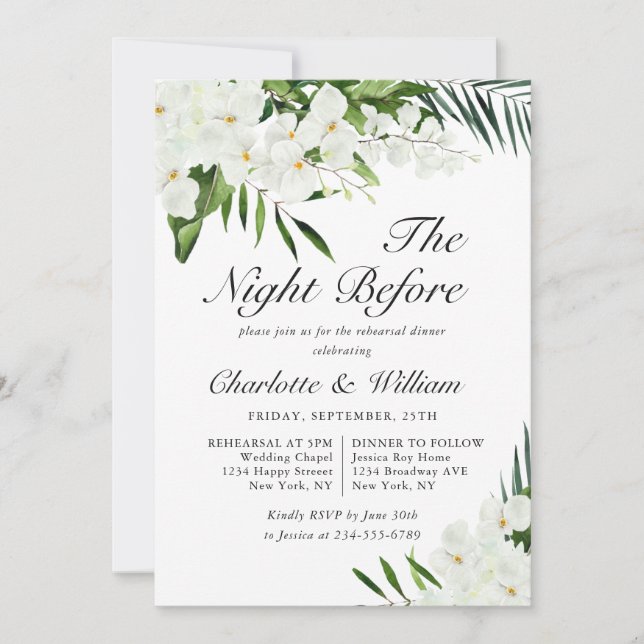 Elegant White Orchids Bohemian REHEARSAL DINNER Invitation (Front)