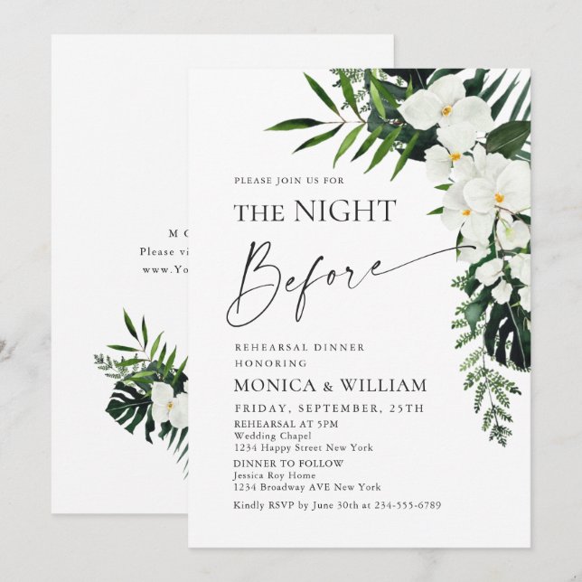 Elegant White Orchids Bohemian Rehearsal Dinner Invitation (Front/Back)