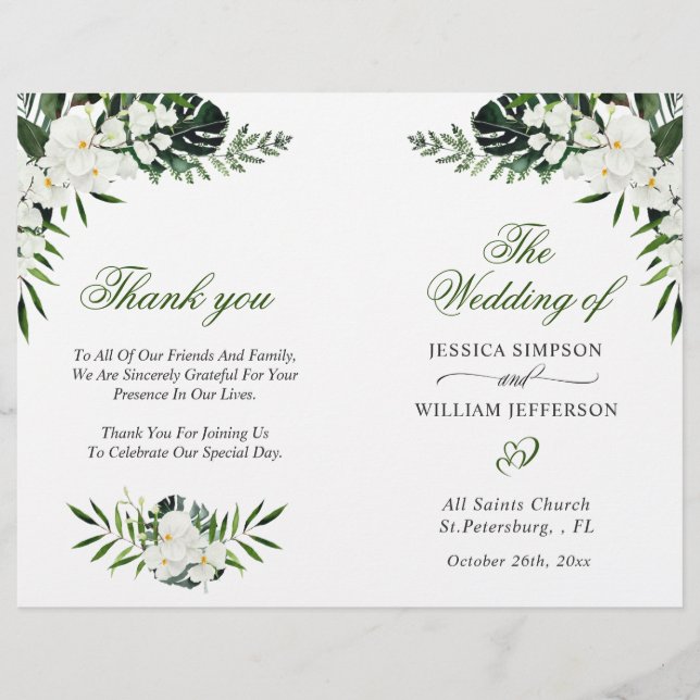 Elegant White Orchids Bohemian Wedding Program (Front)