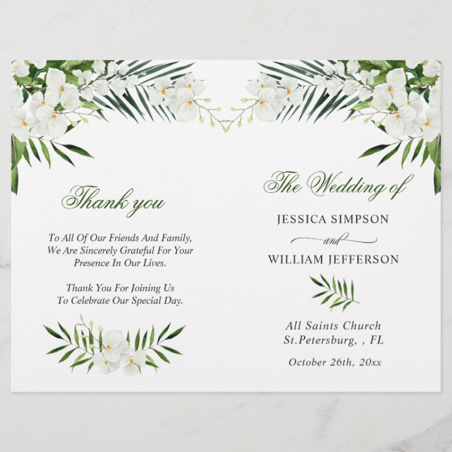 Elegant White Orchids Bohemian Wedding Program (Front)