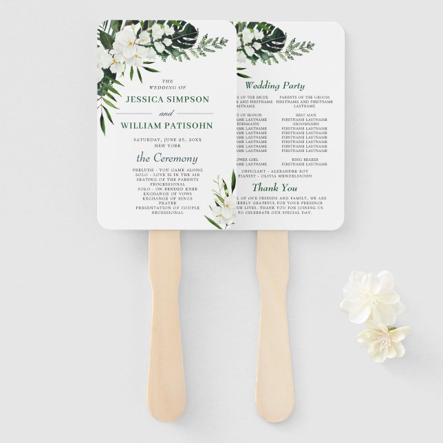 Elegant White Orchids Bohemian Wedding Program Hand Fan (Front and Back)