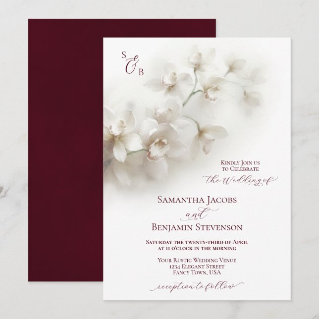 Elegant White Orchids Burgundy Script Wedding Invitation (Front/Back)