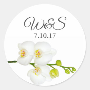 Elegant White Orchids Couple's Initials & Date Classic Round Sticker