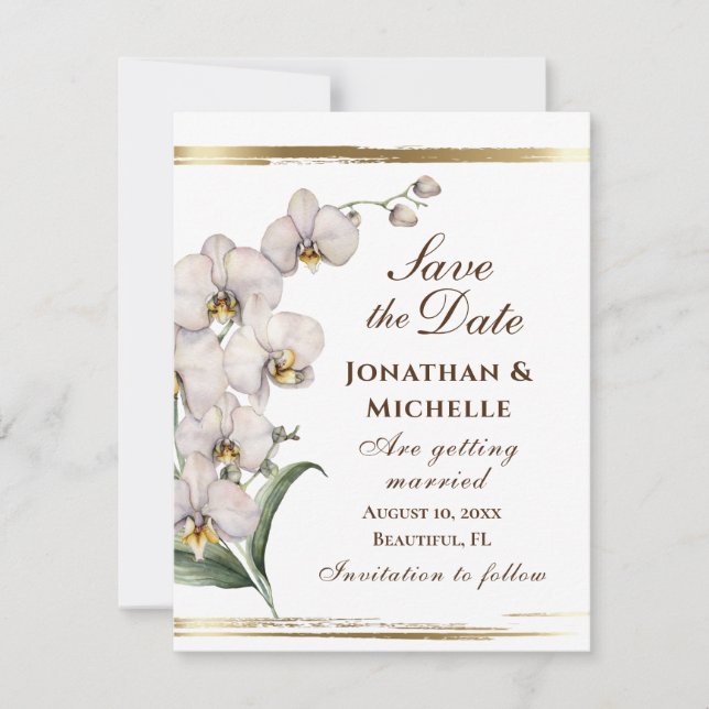 Elegant White Orchids Gold Frame Christian Save The Date (Front)
