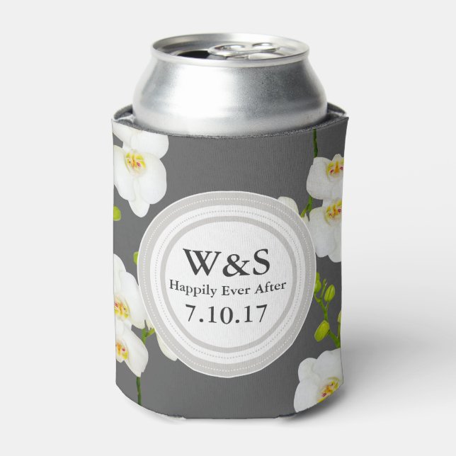 Elegant White Orchids & Grey Wedding Can Cooler (Can Front)