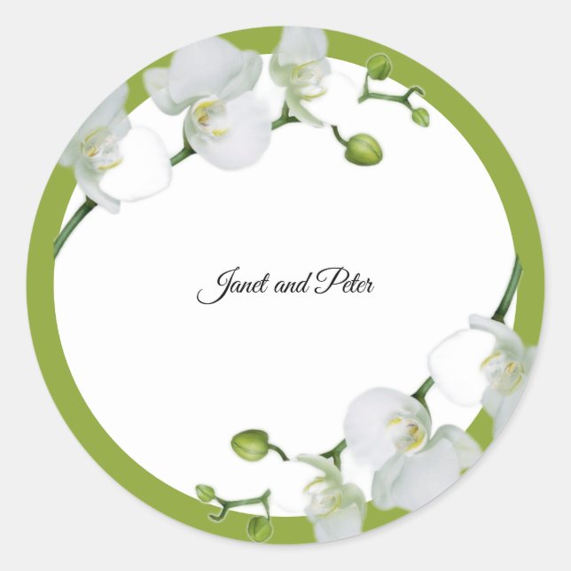 Elegant white orchids  on green background classic round sticker (Front)