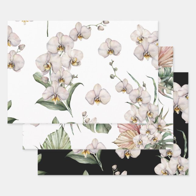 Elegant White Orchids Palms Tropical Floral Wrapping Paper Sheet (Set)