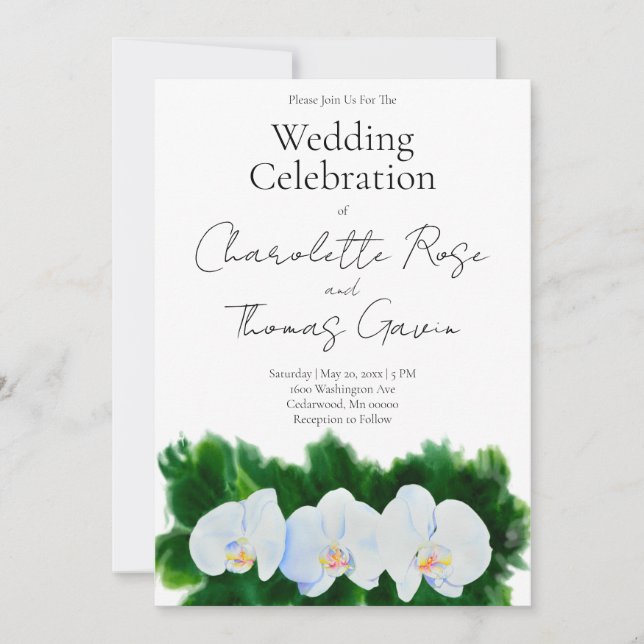 Elegant white orchids water colour floral painting invitation (Front)
