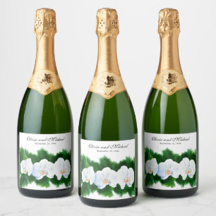Elegant white orchids water colour floral painting sparkling wine label