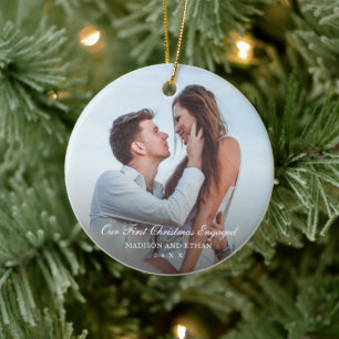 Elegant White Our First Christmas Engaged Photo Ceramic Ornament