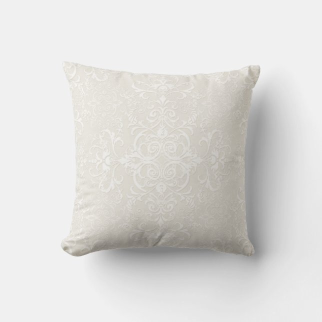 Elegant White over Pale Beige Damask Pattern Throw Pillow (Front)