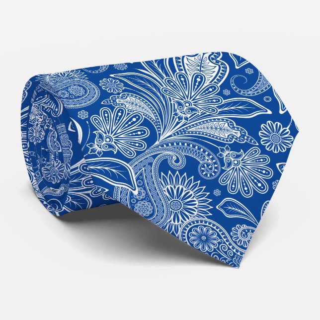 Elegant White Paisley On Navy Blue Background Tie (Rolled)
